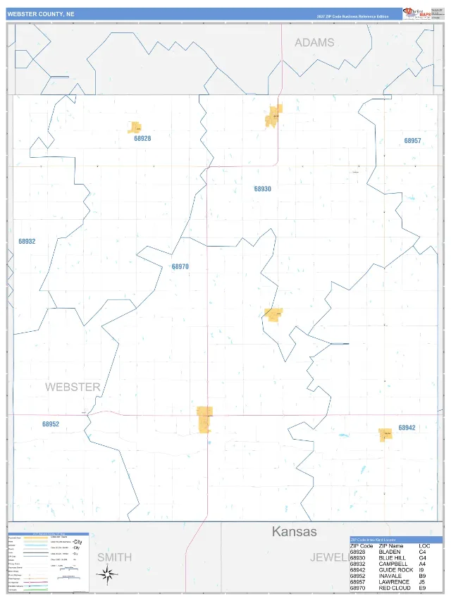 Webster County, NE ZIP Code Wall Map, Business Reference style