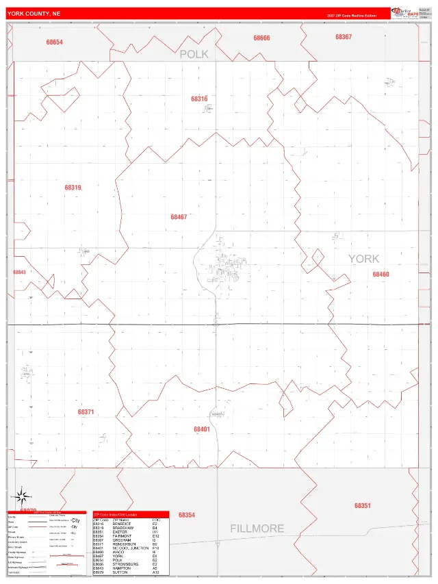 York County, NE ZIP Code Wall Map, RedLine style