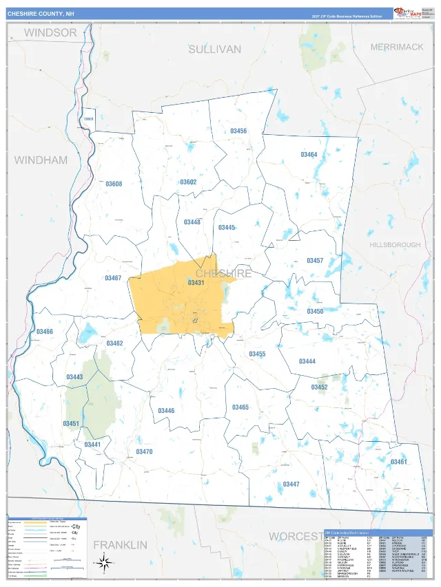 Cheshire County, NH ZIP Code Wall Map, Business Reference style