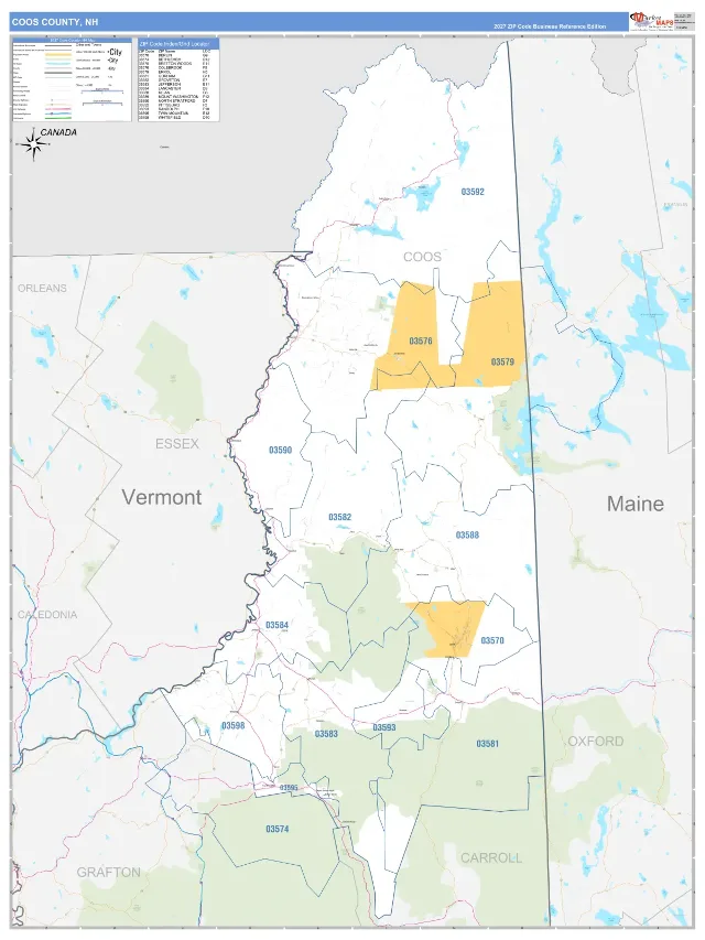 Coos County, NH ZIP Code Wall Map, Business Reference style