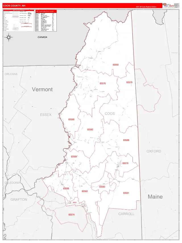Coos County, NH ZIP Code Wall Map, RedLine style