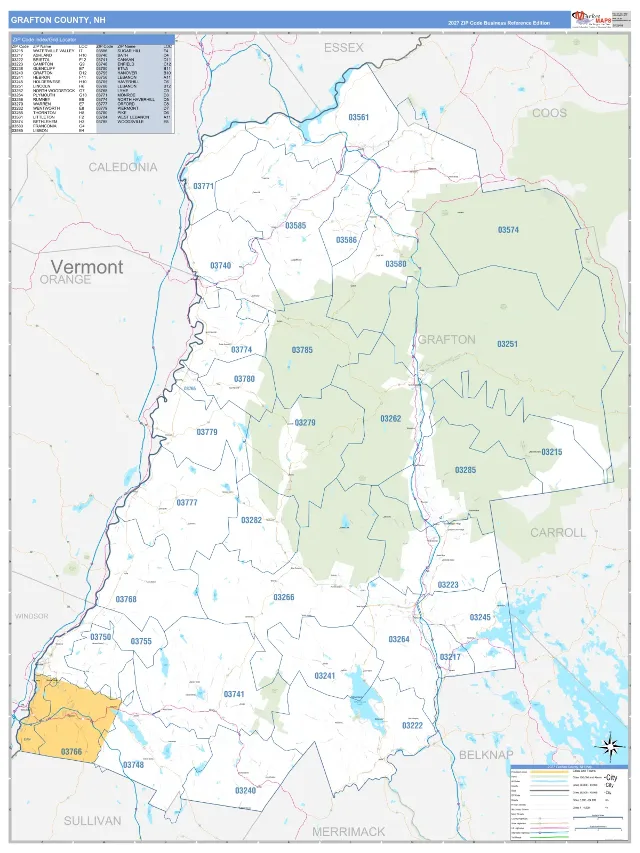 Grafton County, NH ZIP Code Wall Map, Business Reference style
