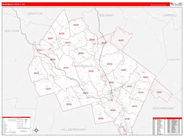 Merrimack County, NH ZIP Code Wall Map, RedLine style
