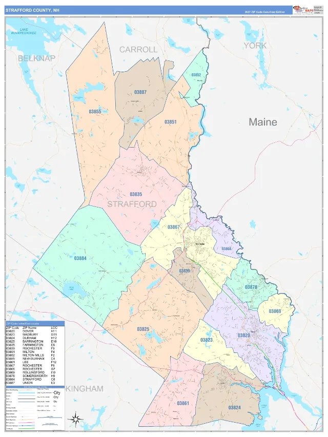 Strafford County, NH ZIP Code Wall Map, ColorCast style