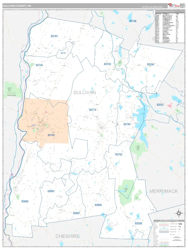 Sullivan County, NH ZIP Code Wall Map, Classic style
