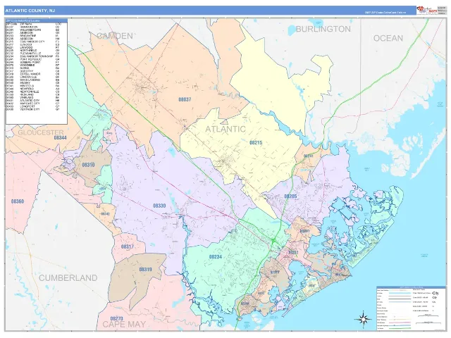 Atlantic County, NJ ZIP Code Wall Map, ColorCast style
