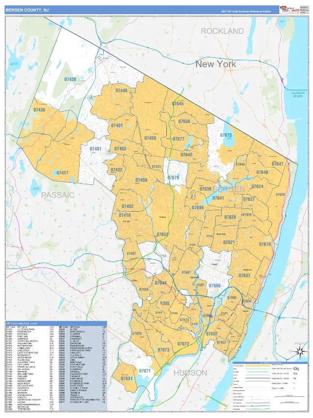 Bergen County, NJ ZIP Code Wall Map, Business Reference style