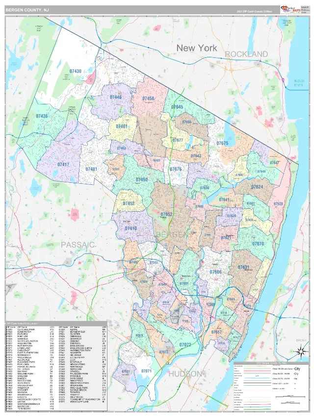 Bergen County, NJ ZIP Code Wall Map, Classic style