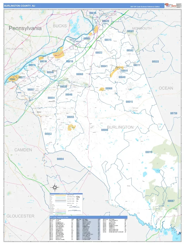 Burlington County, NJ ZIP Code Wall Map, Business Reference style