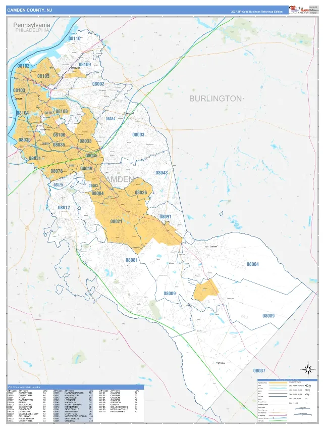Camden County, NJ ZIP Code Wall Map, Business Reference style