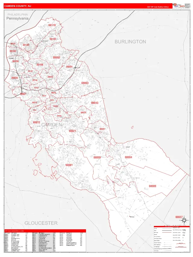 Camden County, NJ ZIP Code Wall Map, RedLine style