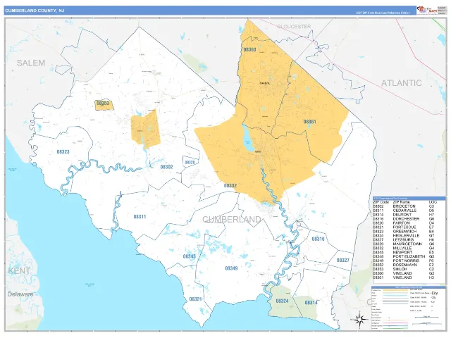 Cumberland County, NJ ZIP Code Wall Map, Business Reference style