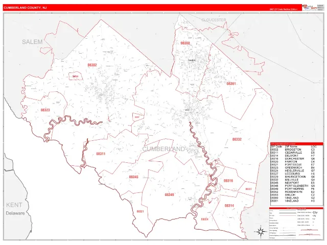 Cumberland County, NJ ZIP Code Wall Map, RedLine style
