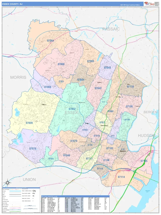 Essex County, NJ ZIP Code Wall Map, ColorCast style