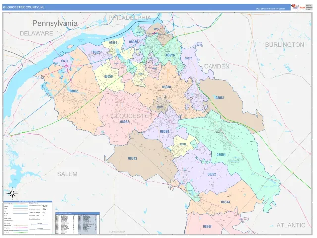 Gloucester County, NJ ZIP Code Wall Map, ColorCast style