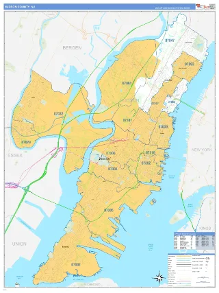 Hudson County, NJ Business Reference style ZIP Code wall map