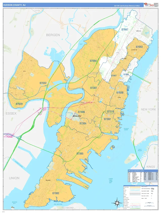 Hudson County, NJ ZIP Code Wall Map, Business Reference style