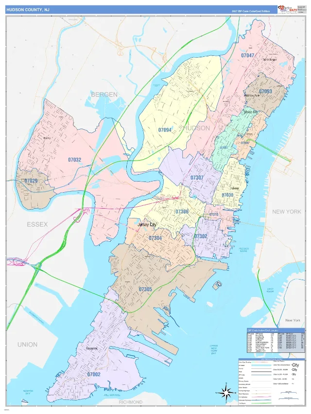 Hudson County, NJ ZIP Code Wall Map, ColorCast style
