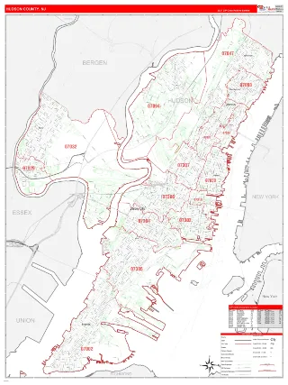 Hudson County, NJ RedLine style ZIP Code wall map