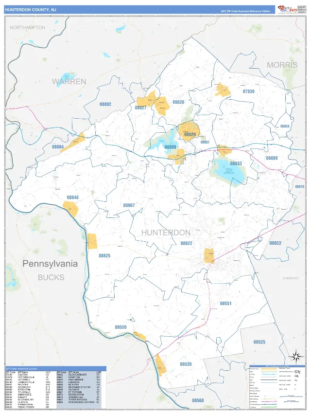 Hunterdon County, NJ ZIP Code Wall Map, Business Reference style
