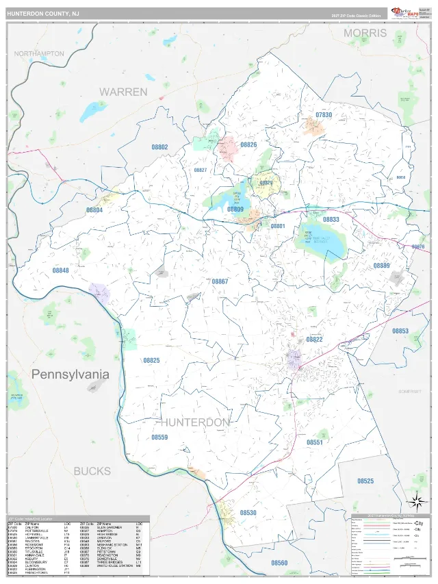 Hunterdon County, NJ ZIP Code Wall Map, Classic style