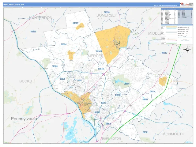 Mercer County, NJ ZIP Code Wall Map, Business Reference style