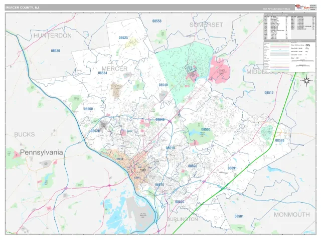 Mercer County, NJ ZIP Code Wall Map, Classic style