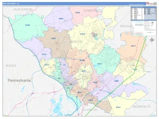 Mercer County, NJ ColorCast style ZIP Code wall map