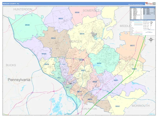 Mercer County, NJ ZIP Code Wall Map, ColorCast style