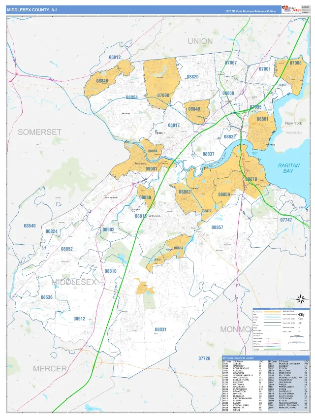 Middlesex County, NJ ZIP Code Wall Map, Business Reference style