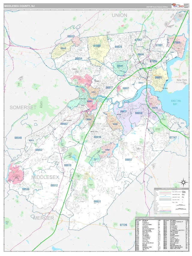 Middlesex County, NJ ZIP Code Wall Map, Classic style