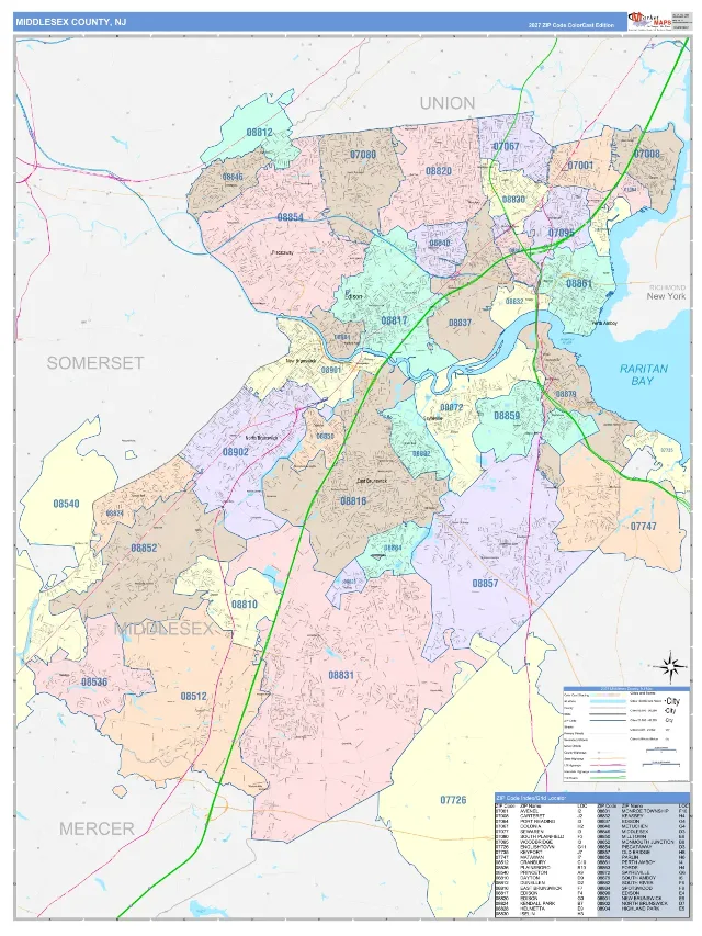 Middlesex County, NJ ZIP Code Wall Map, ColorCast style