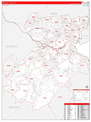 Middlesex County, NJ RedLine style ZIP Code wall map