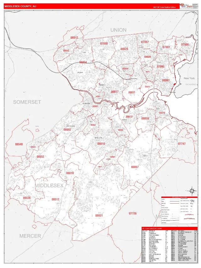 Middlesex County, NJ ZIP Code Wall Map, RedLine style