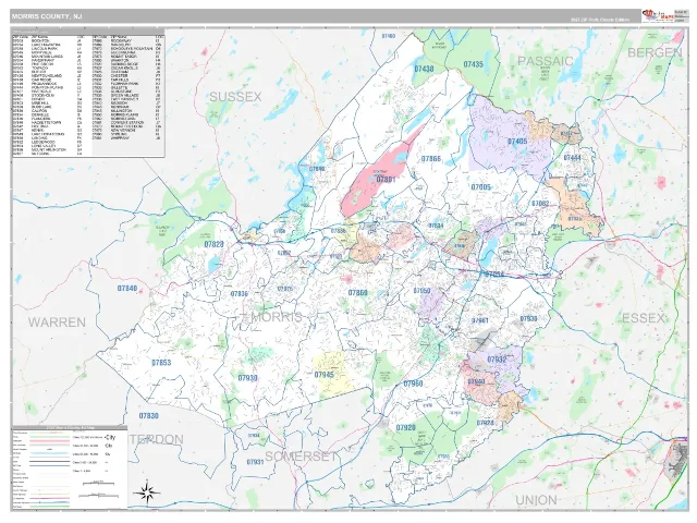 Morris County, NJ ZIP Code Wall Map, Classic style
