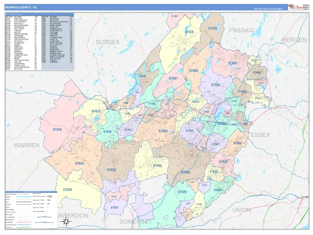 Morris County, NJ ZIP Code Wall Map, ColorCast style