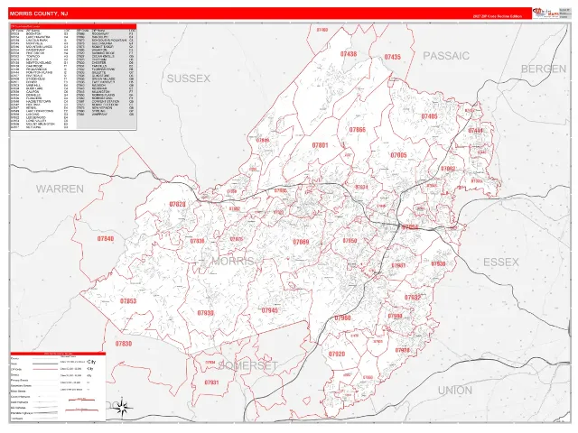 Morris County, NJ ZIP Code Wall Map, RedLine style