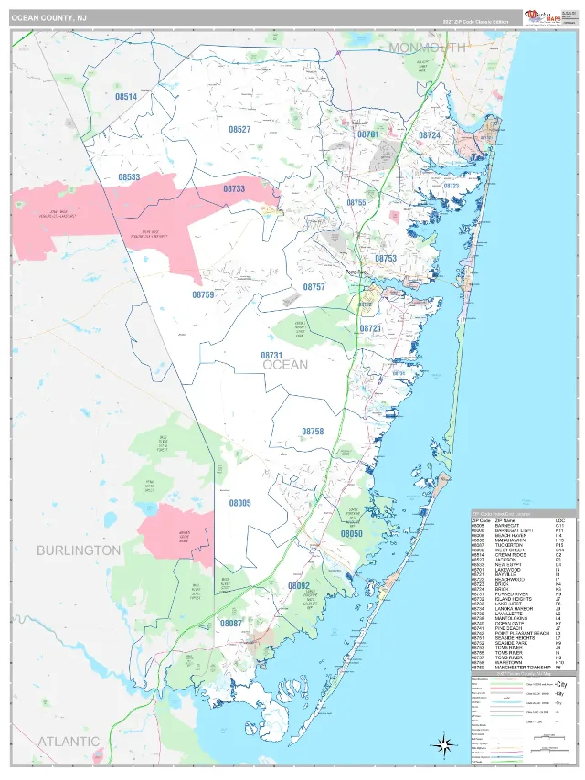 Ocean County, NJ ZIP Code Wall Map, Classic style