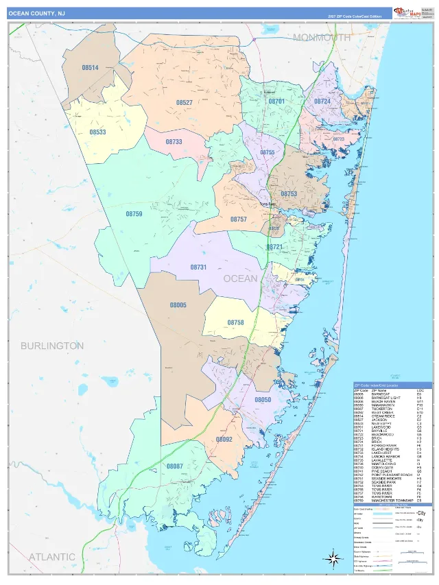 Ocean County, NJ ZIP Code Wall Map, ColorCast style