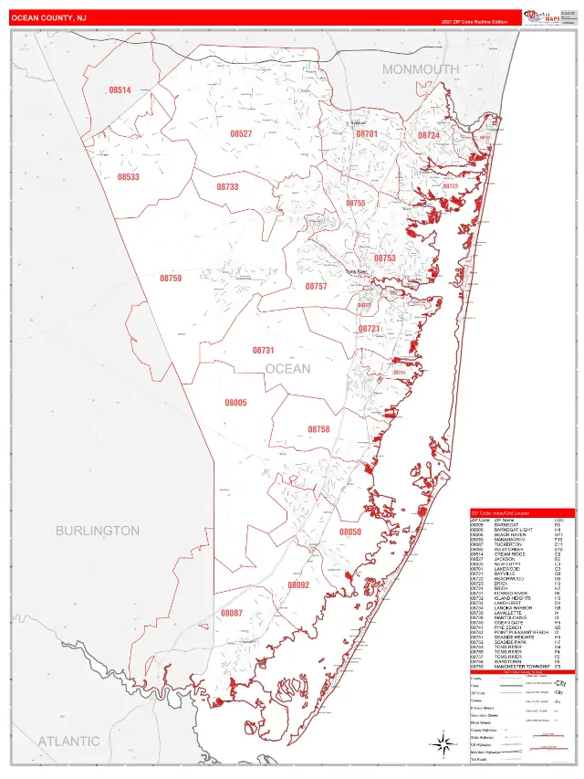 Ocean County, NJ ZIP Code Wall Map, RedLine style