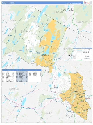 Passaic County, NJ Business Reference style ZIP Code wall map
