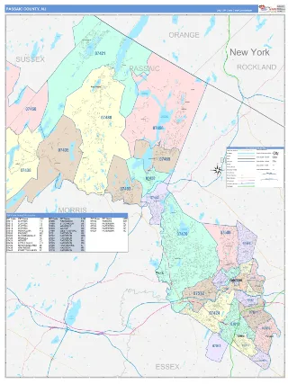 Passaic County, NJ ColorCast style ZIP Code wall map