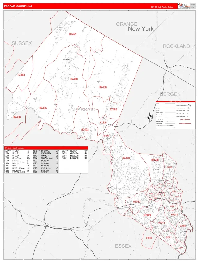 Passaic County, NJ ZIP Code Wall Map, RedLine style