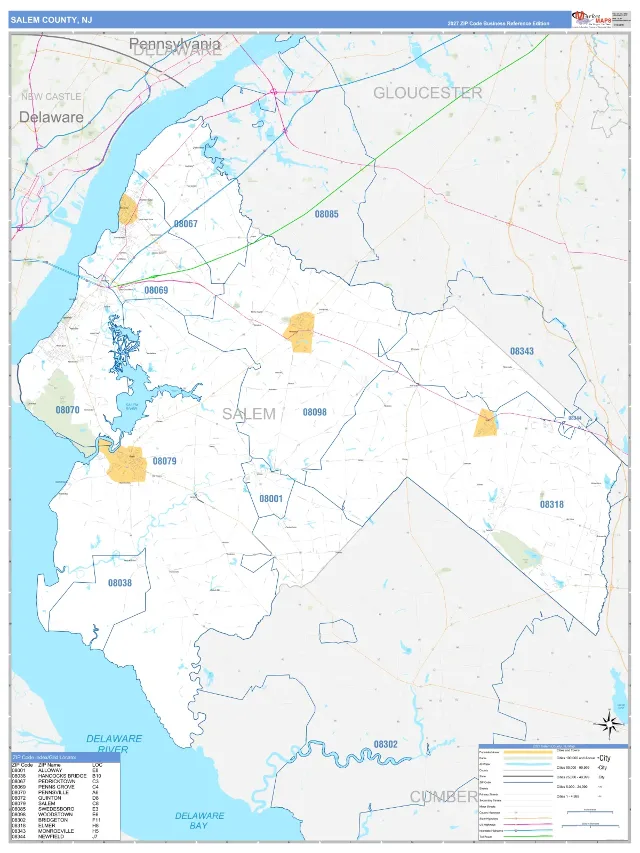 Salem County, NJ ZIP Code Wall Map, Business Reference style
