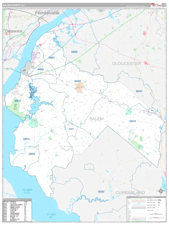 Salem County, NJ ZIP Code Wall Map, Classic style