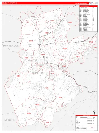 Somerset County, NJ RedLine style ZIP Code wall map