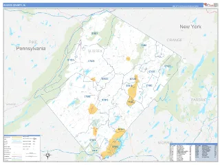 Sussex County, NJ Business Reference style ZIP Code wall map
