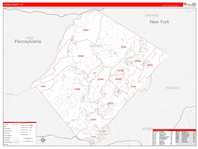 Sussex County, NJ ZIP Code Wall Map, RedLine style