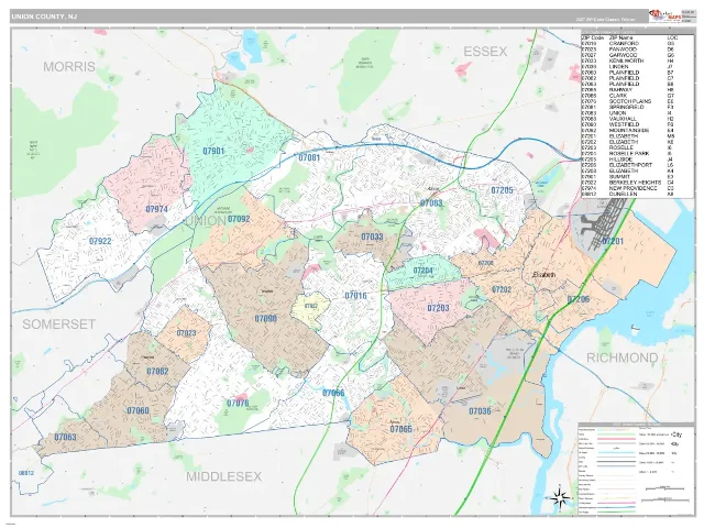 Union County, NJ ZIP Code Wall Map, Classic style