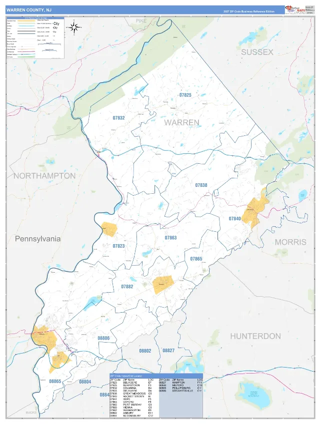 Warren County, NJ ZIP Code Wall Map, Business Reference style